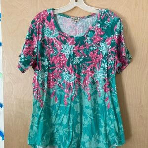 ONE WORLD NWOT Vibrant Green and Pink Floral Tee Women’s Size XL